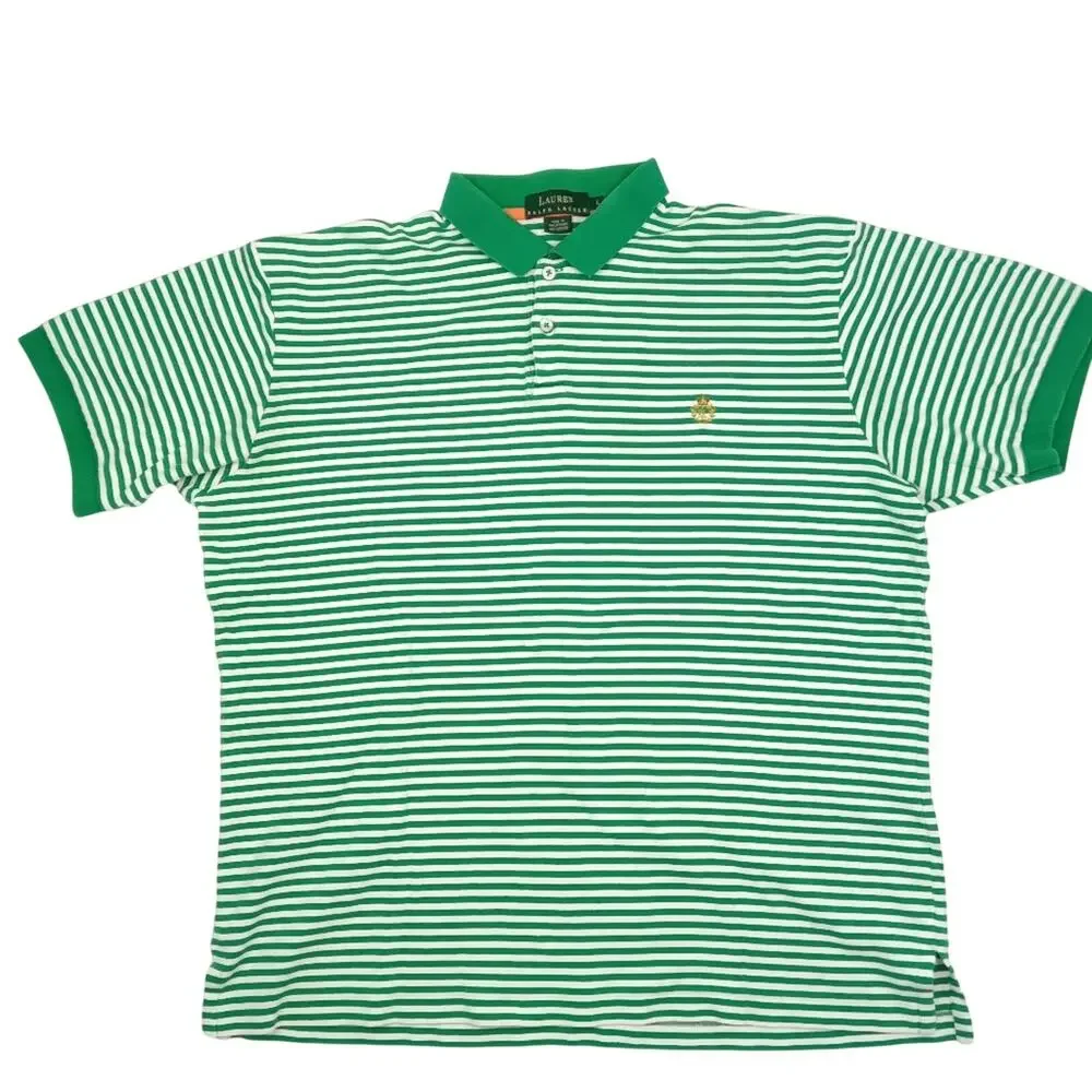 Ralph Lauren Vintage 90's Green and White Striped Polo Men's Large